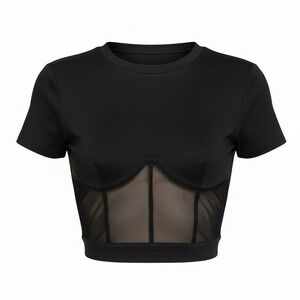 New Small Black Mesh Corset Crop Top Short Sleeve Ribbed Blouse Bustier